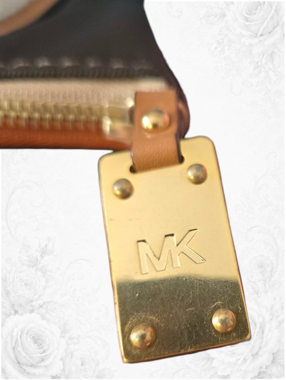 Michael Kors Brown Canvas Small Tote with Tan Leather and Orange Stripe Accents - Picture 6 of 6